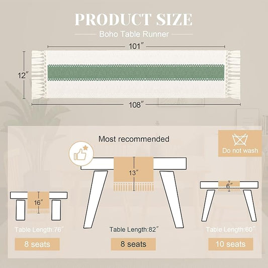 FEXIA Boho Table Runner for Home Decor with Tassels 108 Inches Long,Sage Green Farmhouse Rustic Table Runner Macrame Burlap Table Decoration for Living Room Bridal Shower(12x108 Inches)