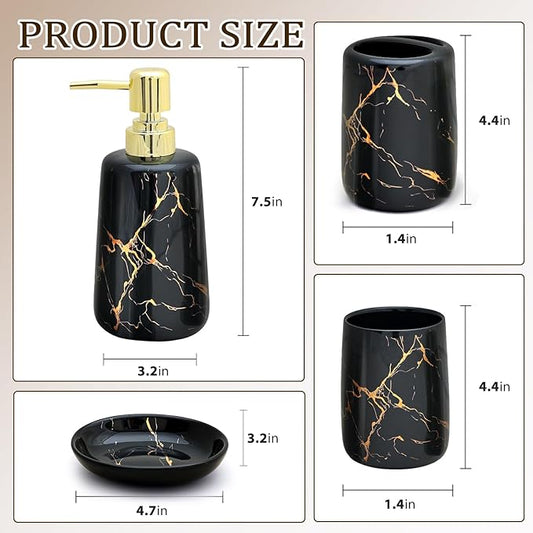CERBIOR Bathroom Accessories Set,4 Pcs Ceramic Bathroom Decor Accessory,Includes Toothbrush Holder, Toothbrush Cup, Soap Dish for Decorative Countertop and Housewarming Gift(Black 4pcs)