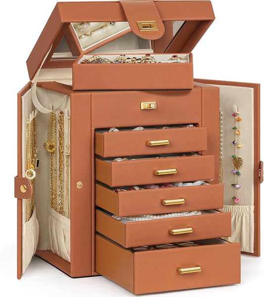 AKOZLIN 6-Tier Jewelry Box Organizer Functional 5 Drawers Leather Jewelry Storage Case for Women Girls Ring Necklace Earring Bracelet Holder Organizer with Mirror Orange Regular