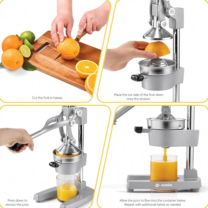 Eurolux Ultra-Premium Cast Iron Juicer | Extra-Large, Heavy Duty, Commercial Grade, Stainless Steel Manual Hand Press Citrus Squeezer For Fresh Orange Juice, Pomegranate, Lemon, and Much More (Gray)