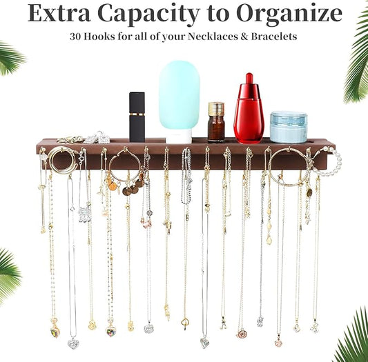 YYILIS Necklace Holder, Upgraded Extra Large Wall Necklace Organizer with 30 Hooks Wall Mounted Necklace Hanger with Jewelry Tray/Cosmetics Shelf Rustic Pine Wood Holder (Walnut)