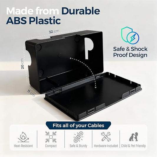 Cable Management Box with Included Mounting Hardware – ABS Cord Organizer (12,7 x 7,8 x 4,5 in) | Heat-Tolerant Power Strip & Cable Storage | Wall-Mountable or Floor Use