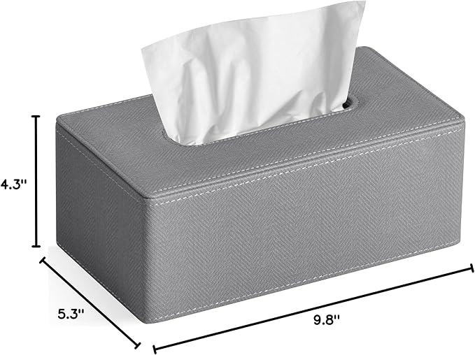GOLRANLYE Tissue Box Cover Rectangular 9.8"(L) x 5.3"(W) x 4.3"(H) Refined Modern PU Leather Facial Tissue Dispenser Box Holder for Dresser Bathroom Decorative (Linen Grey)