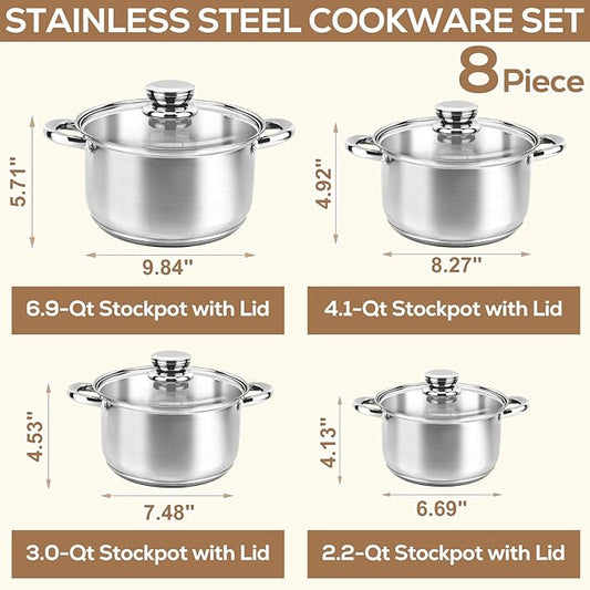 Stainless Steel Cookware Set - 8 Pieces Pots and Pans Nonstick Pot and Pan Set Includes 4 Pots and 4 Visible Lids, with Stay Cooling Handle, Induction & Oven Safe