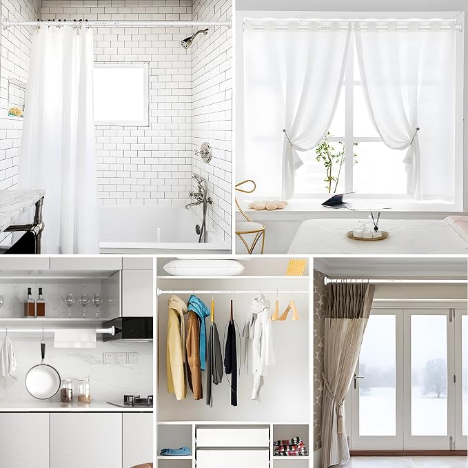 MEXAU White Tension Curtain Rod 40-148 Inch Long Tension Rod 1.26" Spring Tension Curtain Rod Adjustable Curtain Rods No Drilling Tension Shower Rod Curtain Tension Rod for Bathroom Windows Doorways