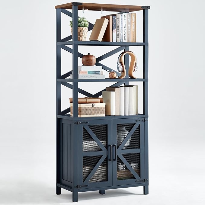 5 Tier Bookshelf 70" Tall Bookcase with Barn Doors,Large Farmhouse Display Book Shelf with Adjustable Shelves and Storage Cabinet,Library Wood Bookshelves for Living Room,Kitchen,Blue(3PCS)