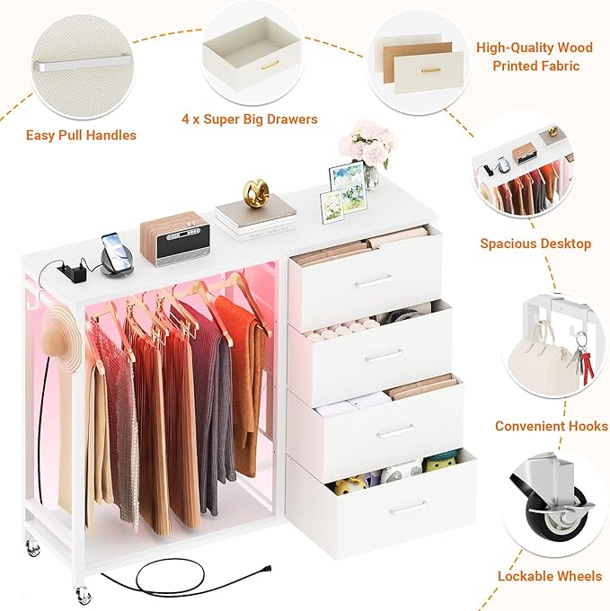 Cyclysio Dresser with Hanging Rack, 4 Fabric Drawers Dresser with Clothes Rack, Wooden Top Storage Chest of Drawers with Charging Station & LED Lights, Lockable Wheels, Closet