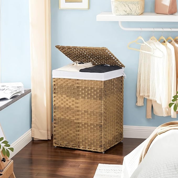 FDW Handwoven Laundry Hamper with Lid, 90L Foldable Rattan Clothes Basket with 2 Removable Liners & 6 Mesh Laundry Bags for Bathroom Bedroom, Natural