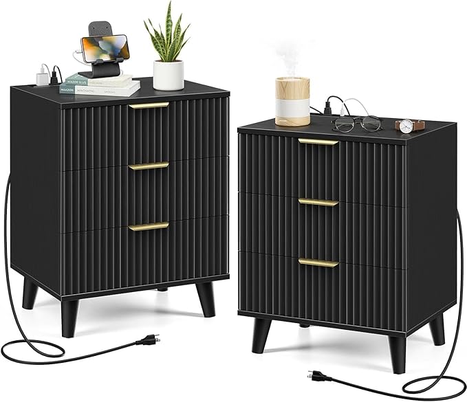Black Fluted nightstands Set of 2, 20 inch Modern Nightstand with Charging Station Wood Bedside End Table with 3 Large Storage Drawers, Tall Side Table for Bedroom Sofa Office