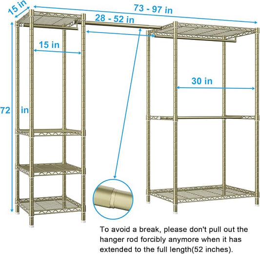 Ulif E10 Clothes Rack(With Stretchable Hanger Rod)Freestanding Clothing Racks for Hanging Clothes,Adjustable Closet Organizer System,Portable Garment Rack 73-97"W x 15" D x 72" H,Max Load 800LBS,Gold