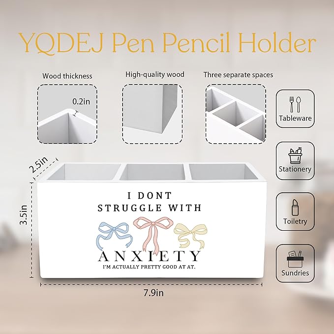 Coquette Bow Mental Health Pen Holder for Desk Accessories, Anti Anxiety Gifts Wooden Box Sign Desk Pencil Holder Organizer for Home Office Decoration, Anxiety Relief Gifts