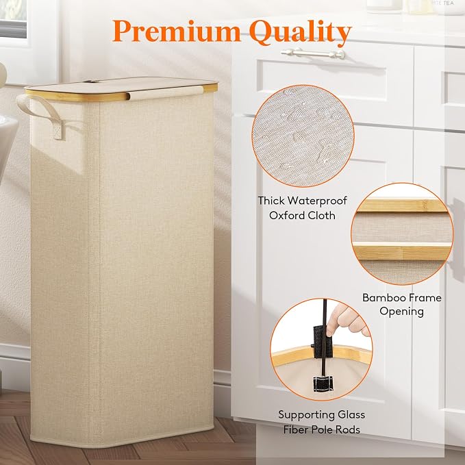 Lifewit 65L Slim Laundry Hamper with Lid, Narrow Laundry Basket with Removable Bag & Bamboo Handles, Fodable Thin Dirty Clothes Hamper for Laundry Collapsible Bin for Bathroom Bedroom Dorm, Beige
