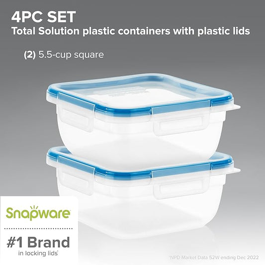 Snapware Plastic Total Solution 2-Pack (5.5-Cup) Food Storage Containers Set, Leakproof & Airtight Plastic Locking Lids Square Containers, Non-Toxic BPA-Free Lids, Microwave Dishwasher Freezer Safe