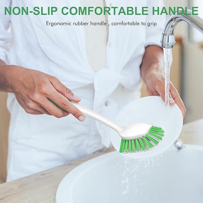 SetSail Dish Brush with Handle, 2 Pack Stiff Bristles Dish Scrubber with Built-in Scraper Dish Scrub Brushes for Cleaning Dishes, Pots and Pans, Kitchen Sink, Green