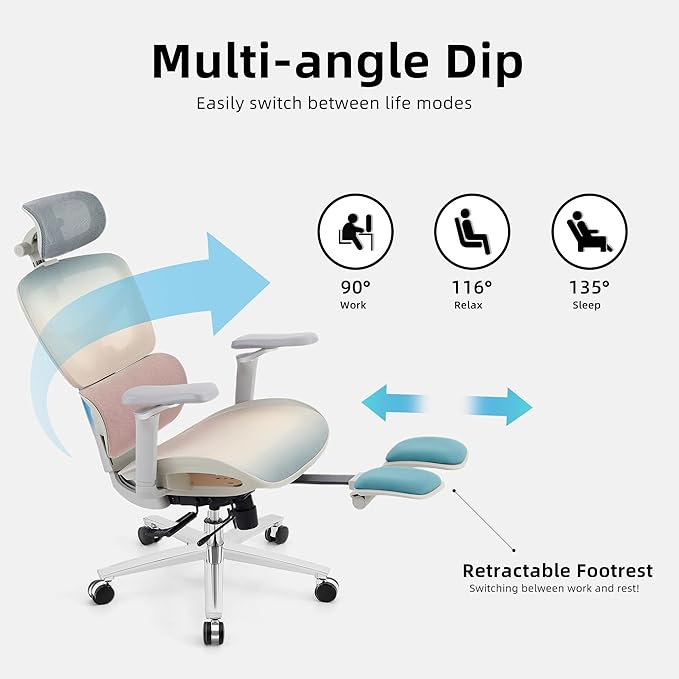 Ergonomic Home Office Desk Chair with Massage Lumbar Support,4D Headrest & 5D Armrests, Reclining Big and Tall 400LBS Mesh Chair with Footrest,Adjustable Back High and Seat Depth(Gray Rainbow)
