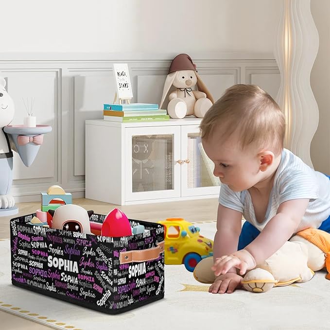 Custom Name Storage Basket, Personalized Small Storage Basket with Handles for Organizing Women Cosmetics Kids Toys Office Closet Shelf Baskets, Black with Colorful Names