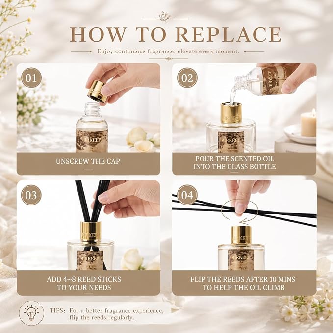 Airkeep Reed Diffuser Set with Refill & 8 Reed Sticks, 6.96 fl oz Vanilla Embrace Home Fragrance, Long Lasting Aromatherapy Diffuser for Bedroom, Bathroom & Living Room