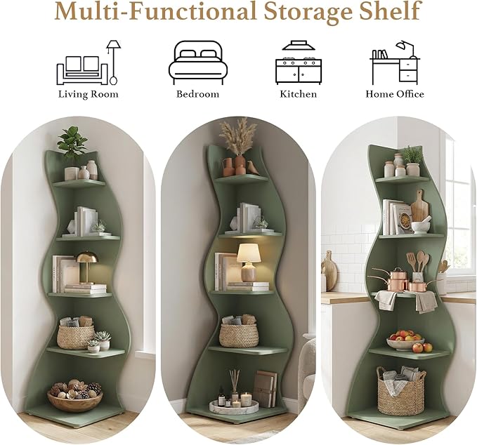 Arvolia 70 Inch Corner Bookshelf, Modern 5-Tier Small Bookshelf with Unique Curved Design, Freestanding Vertical Storage Shelf for Living Room, Bedroom or Home Office (Sage Green)
