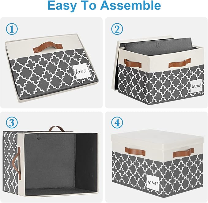 PFFVRP Large Storage Bins with Lids, Foldable Fabric Storage Baskets with Lids, Sturdy Storage Boxes with Labels and 3 PU Handles for Closet Home Bedroom Office (26L, 3 Packs, Grey Plaid&White)