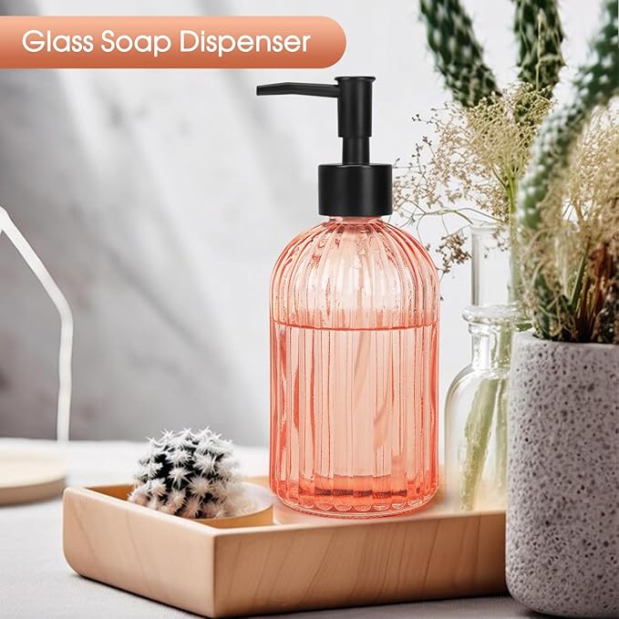 Topsky Stripe Glass Soap Dispenser with Black Plastic Pump, 400ml Liquid Hand Soap Dispenser, Rustproof Pump for Kitchen & Bathroom, Great for Lotions, Essential Oil, Liquid Soaps-Pink Orange
