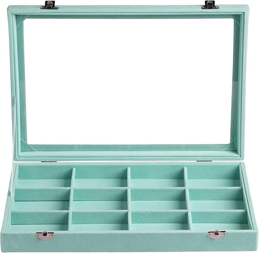 Frebeauty Velvet Jewelry Tray,12 Grid Jewelry Organizer with Clear Lid,Bracelets Holder,Jewelry Display Case with Clasp,Drawer Insert Bangle Brooch,13.8 x 9.5 x 2 Inches,Gift for Women Girl(Turquoise)