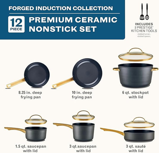 Farberware Forged Induction Ceramic Nonstick Cookware Set, 12-Piece, Black Pots & Pans