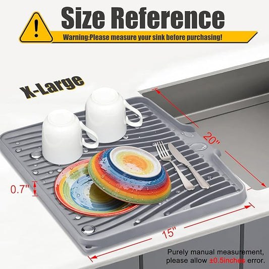 TIKNIK Silicone Dish Drying Mat for Kitchen Counter - Heat Resistant & Non-Slip Dish Drain Pad with Built-In Drain, Dishwasher Safe, Quick-Dry, Hangable & Roll-Up for Storage, Grey-1pcs, 20" x 15"