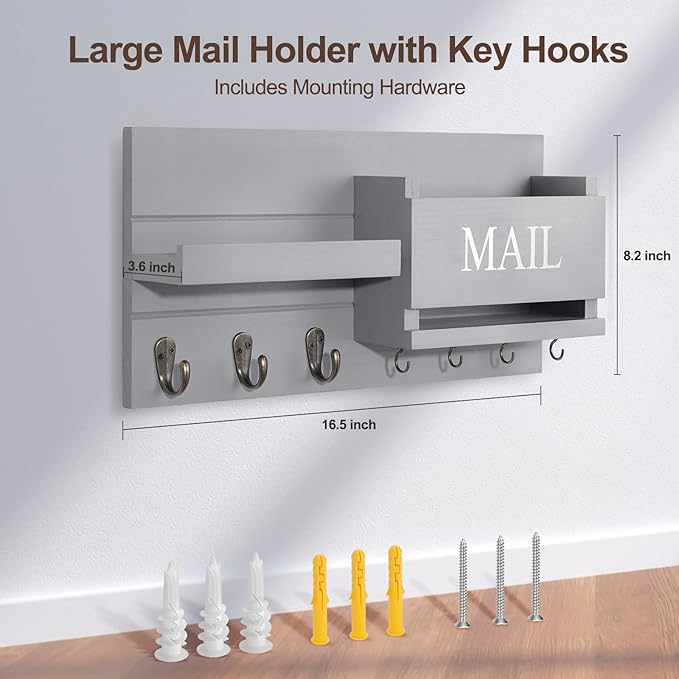 Mail Organizer for Wall Mount – Key Holder with Shelf Includes Letter Holder and Hooks for Hallway Farmhouse Decor – Rustic Wood with Flush Mounting Hardware (16.5” x 9.1” x 3.4”) (Gray)