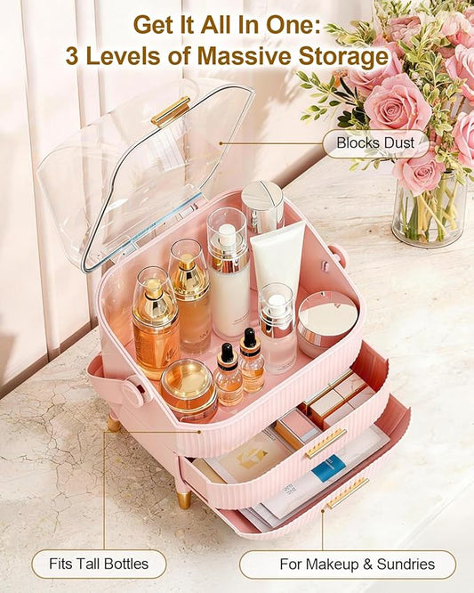 Makeup Organizer with Drawers & Lid - Portable Large Cosmetic Storage Case for Vanity Countertop, Travel, Gift for Women, Girls, 11"×7"×15", Pink