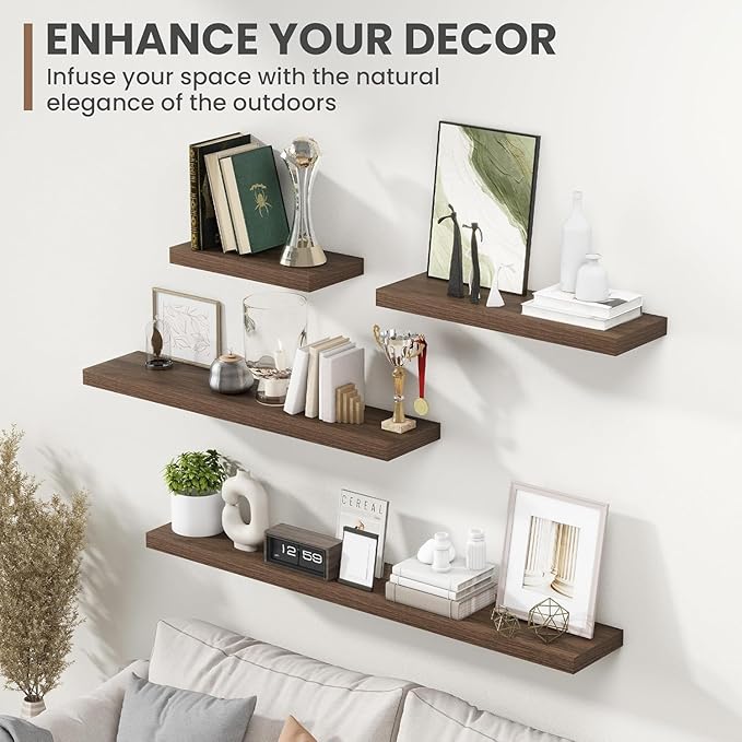 Acovy 72 Inch Floating Shelves, 8 Inch Deep Floating Shelves for Wall, Hanging Shelf with Invisible Brackets, Deep Shelves for Bathroom, Bedroom, Living Room, Walnut, Set of 2