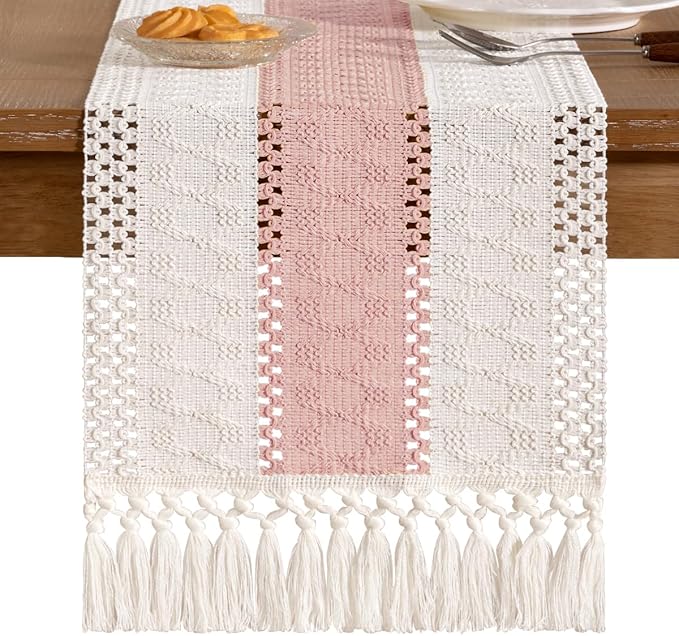 Socomi Boho Table Runner Valentine's Day Farmhouse Rustic Dining Kitchen Centerpiece Decor Small Macrame Woven Cotton Linen Coffee Table Runner for Dresser Scarf Home Decor 12x48 inPink Ivory