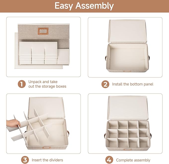StorageWorks China Storage Container, Stackable Mug Storage Box with Dividers, Stemware Storage Cases, Hard Shell China Cup Organizer, Holds 12 Tea Cups and Coffee Mug, 2 Pack, Brown and Beige