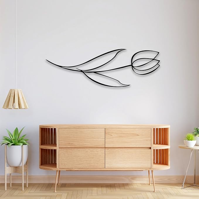 Minimalist Floral Metal Wall Art, Modern Tulip Design for Home Decor, Metal Flower Wall Sculpture for Living Room, Bedroom, or Office (47x16 inches)
