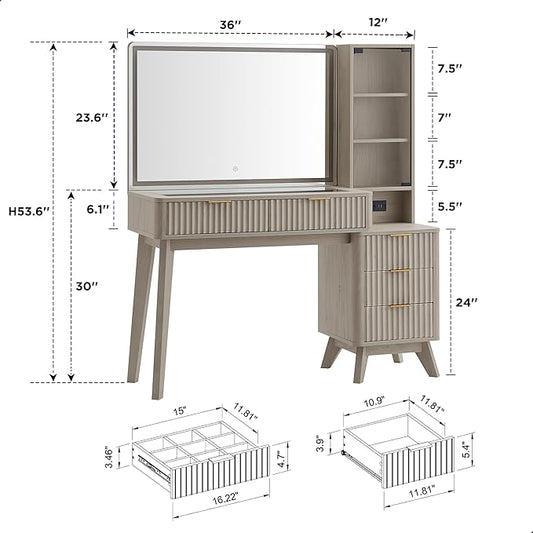 T4TREAM 48" Fluted Makeup Vanity Desk with Large 36" Mirror and Lights, Modern Glass Top Big Vanity Table w/5 Drawers & Adjustable Shelves, Dressing Table w/Charging Station for Bedroom, White Alder