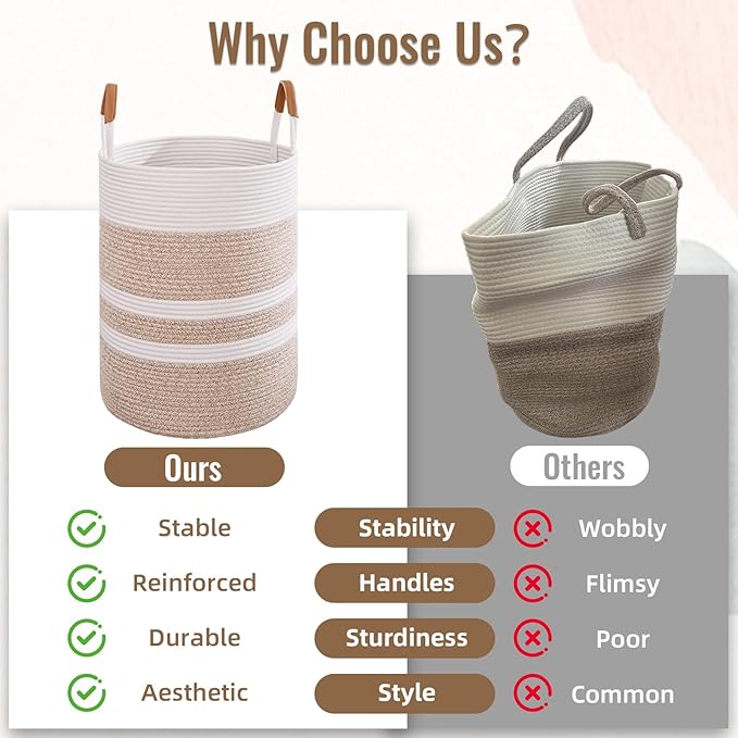 60L Striped Laundry Basket, Brown Laundry Hamper with Leather Handles, Woven Cotton Rope Storage Bin for Blankets, Nursery Hamper for Clothes, Toys In Bathroom, Livingroom, Bedroom