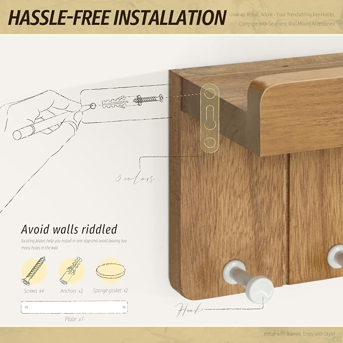 Rebee Vision Modern Farmhouse Key Holder Wall Mount - 8 inch Rustic Key and Mail Holder for Wall with 4 Hooks and Small Floating Shelf - The Perfect Aesthetic Stuff in Your Apartment (Light Brown)