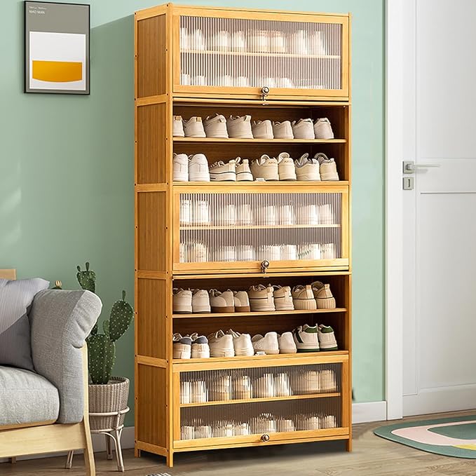 10-Tier Large Shoe Cabinet with Acrylic Doors, Large Capacity Bamboo Shoe Cabinet, 40-45 Pairs Shoe Rack, Free Standing Shoe Rack,Entrance for Hallway Living Room