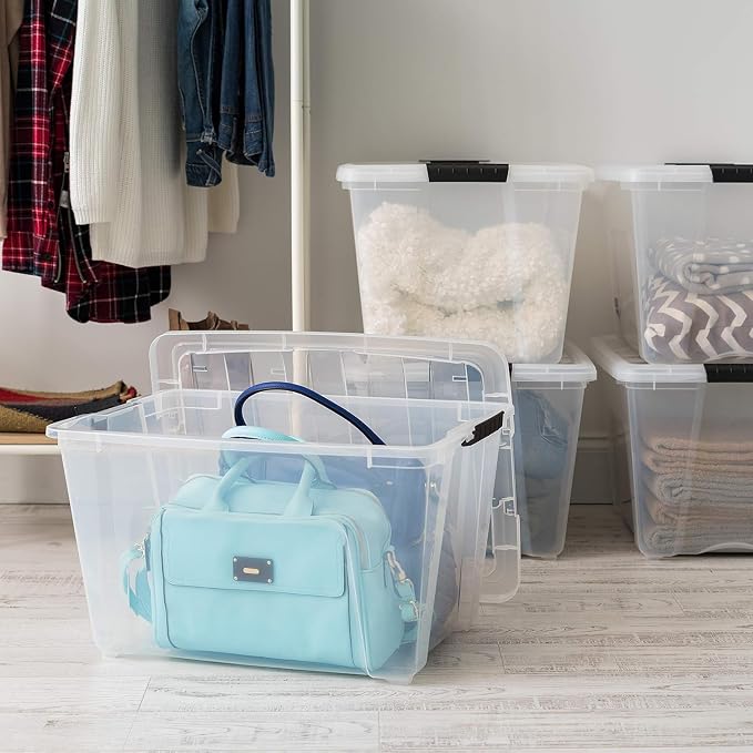 IRIS USA 54 Qt Stackable Plastic Storage Bins with Lids, 12 Pack - BPA-Free, Made in USA - See-Through Organizing Solution, Latches, Durable Nestable Containers, Secure Pull Handle - Clear