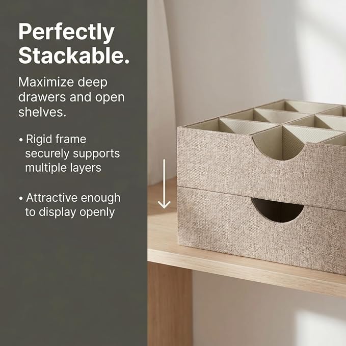 Household Essentials Brown 723-1 Deep 9 Section Drawer Organizer Box for Storage | 12 in x 12 in 3.13