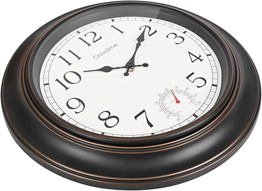 Large Outdoor Clock Waterproof 18" - Retro Indoor Outdoor Wall Clocks with Thermometer for Patio Pool Garden Living Room Decor,Bronze