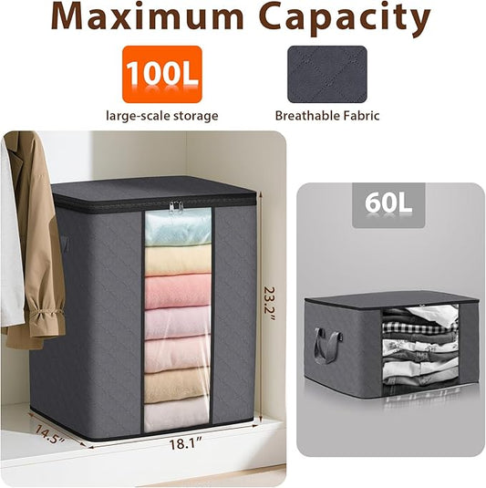 SpaceWhisper 3 Pack 100L Clothes Storage, Foldable Thick Fabric Blanket Storage Bags, Containers for Organizing Bedroom, Closet, Clothing, Comforter,Closet Organization with Handle,Grey