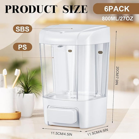 Hushee 6 Pcs Plastic Wall Mounted Soap Dispenser Commercial Manual Soap Dispenser Containers for Kitchen Shower Hotel(White,27 oz 800 ml)