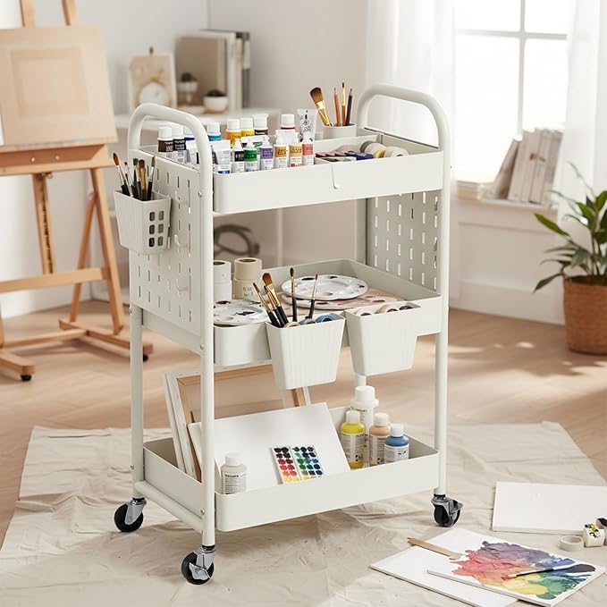 danpinera 3 Tier Rolling Cart with Retractable Dividers, Multi-Functional White Rolling Utility Cart with Pegboards, Hooks & Hanging Cups for Nursery, Living Room, Studio