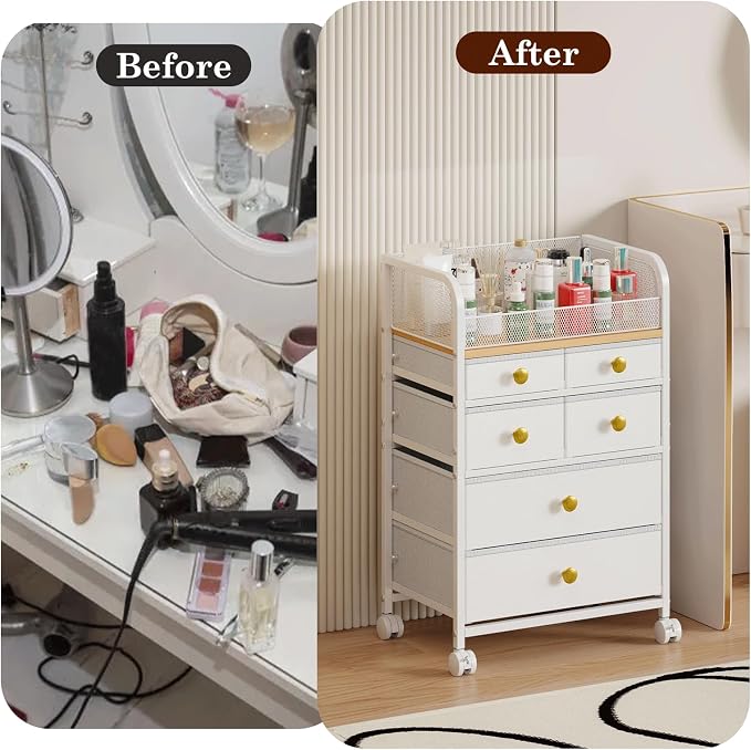 Rolling Makeup Cart Organizer with 6 Drawers, Makeup Storage with Wheels, Floor Skincare Organizers Vanity Storage Organizer Cosmetics Display Cases for Skin Care Perfume Nail Polish, White