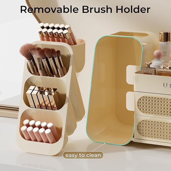 UFORU Makeup Organizer for Vanity with Brush Holder, Large Capacity Bathroom Countertop Skincare Organizer with 2 Drawers, Cosmetic Display Case for Perfumes, Eyeshadow Palettes, Nail Polishes