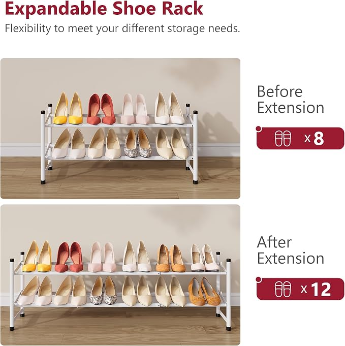 Tajsoon Expandable Shoe Rack for Closet 2 Tier, 28“-41“ Adjustable & Stackable Shoe Shelf Storage, Metal Shoe Rack Organizer for Front Door Entrance, Closet, Garage, Entryway, White