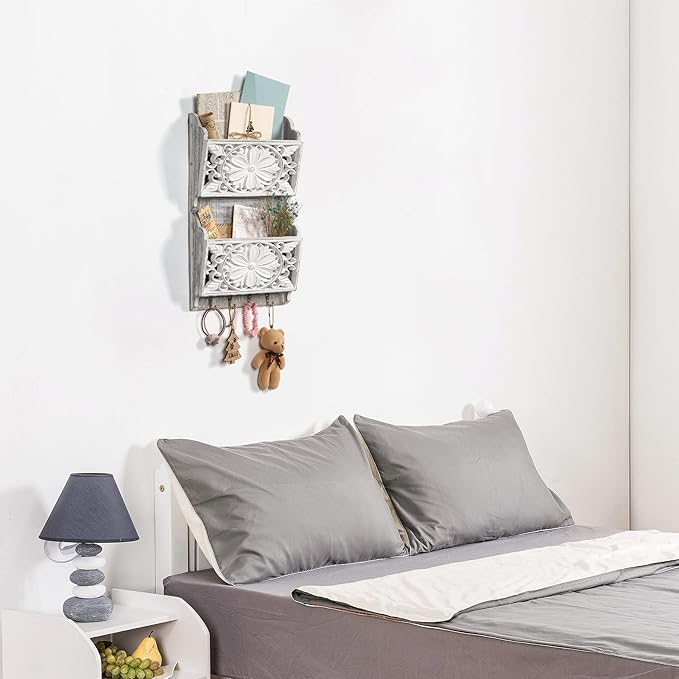 2-Slot Mail Organizer Wall Mount with 4 Hooks, Rustic Key and Mail Holder for Home Decorative, Wooden Key Hangers Wall File Organizer Letter Sorter for Letter Magazines