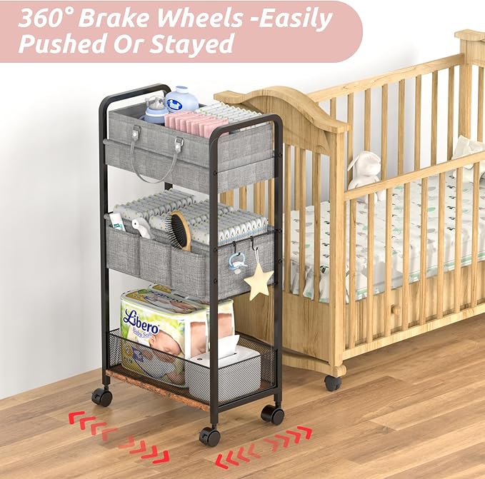 LIDTOP 2In1 Baby Diaper Caddy & 3-Tier Rolling Diaper Cart, Diaper Caddy Organizer Cart with Dividers, Mobile Metal Utility Cart for Nursery Essentials, Detachable Bedside Cart, Large Capacity