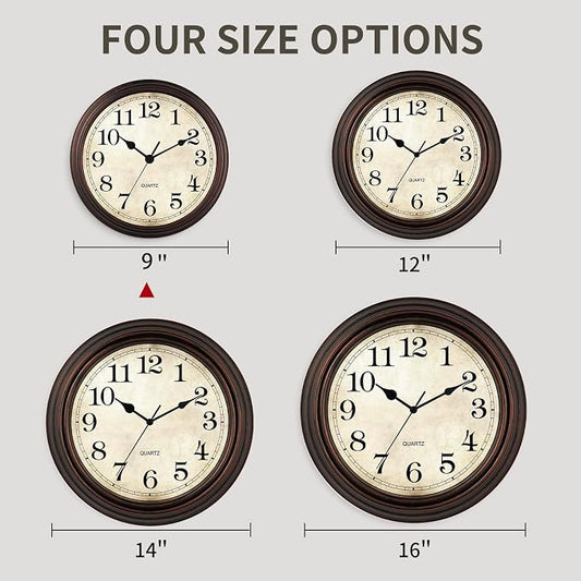Wall Clock, 9 Inch Silent Non Ticking Classic Battery Operated Clocks, Decorative for Living Room, Bedrooms, Bathroom, Kitchen Office (Bronze)