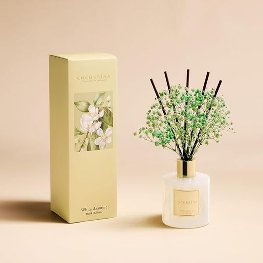 COCORRΓNA Reed Diffuser - White Jasmine 6.7 Fl.oz Reed Diffuser Set with Sticks & Preserved Baby's Breath, Reed Diffuser for Home Bathroom Shelf Decor